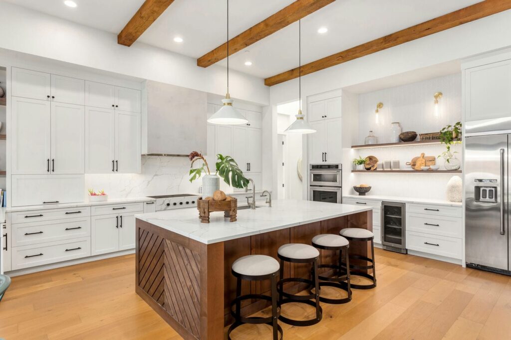 kitchen renovation with beam ceilings