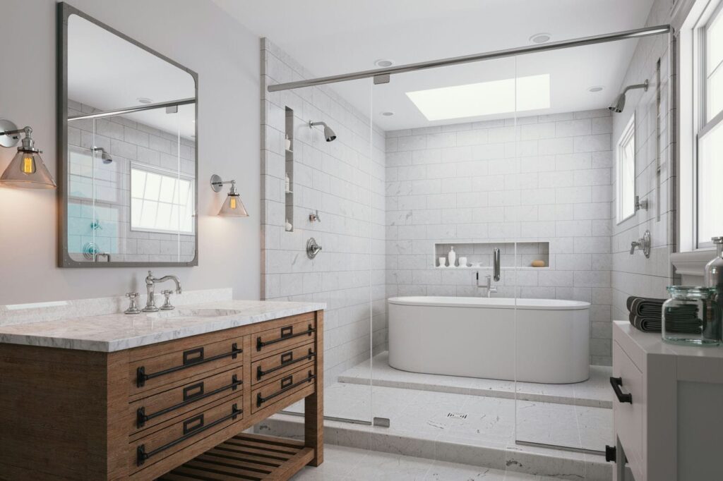 modern bathroom renovation with shower tub combo