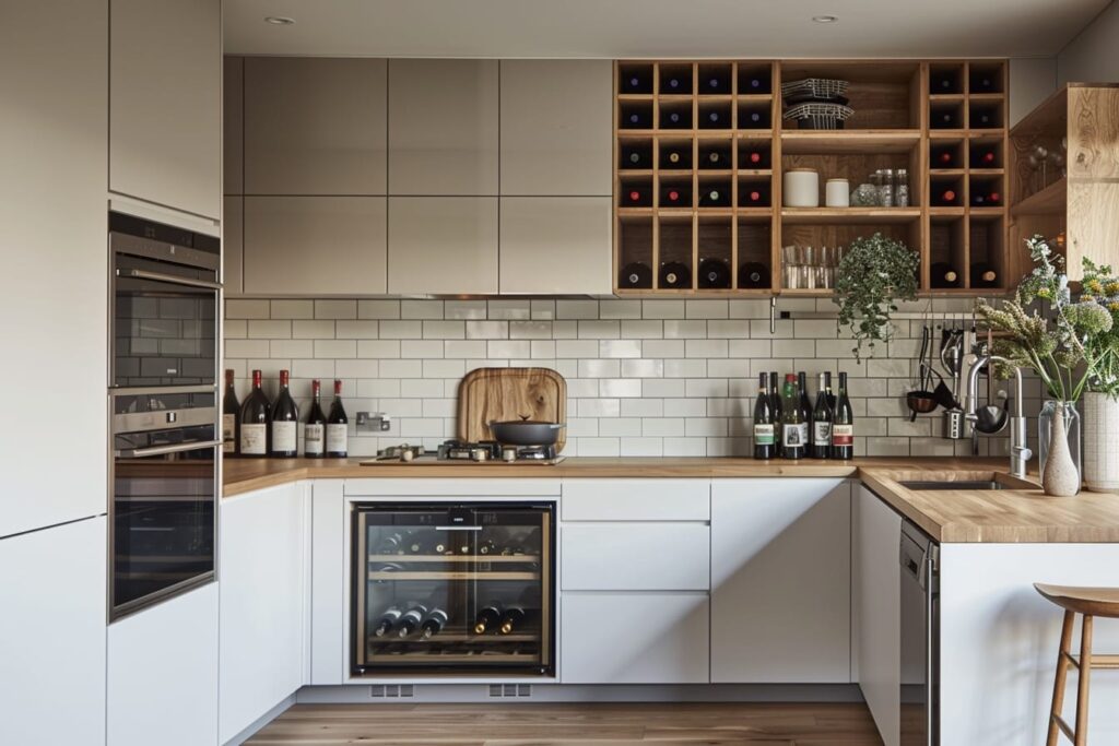 modern kitchen with wine shelf and wine fridge