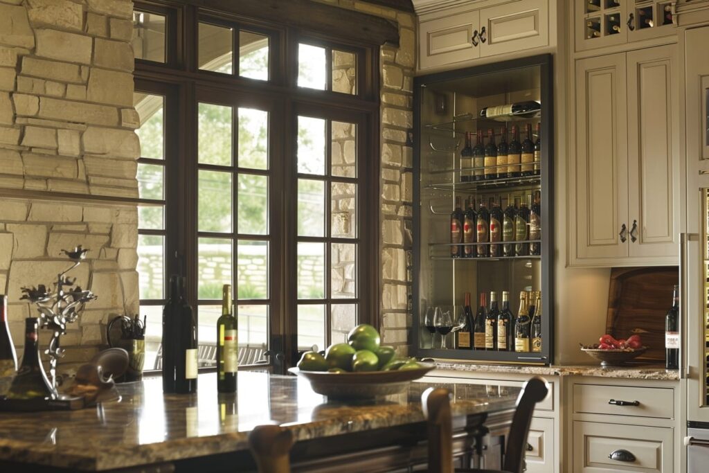 rustic kitchen with wine display