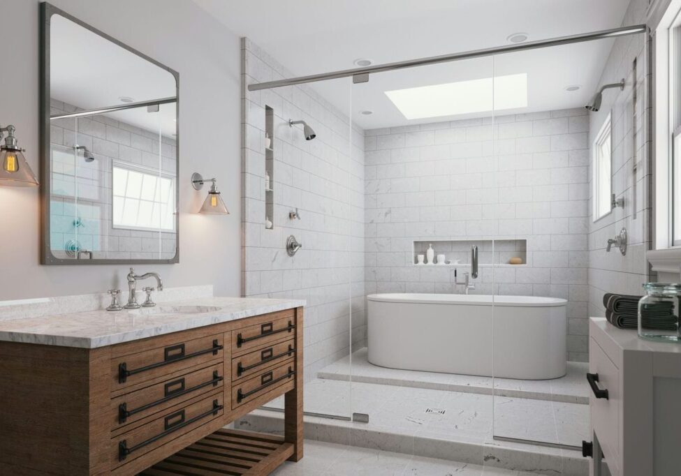 modern bathroom renovation with shower tub combo